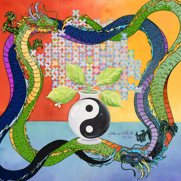 El Green Print album cover: dragons circling a yin-yang vase of flowers