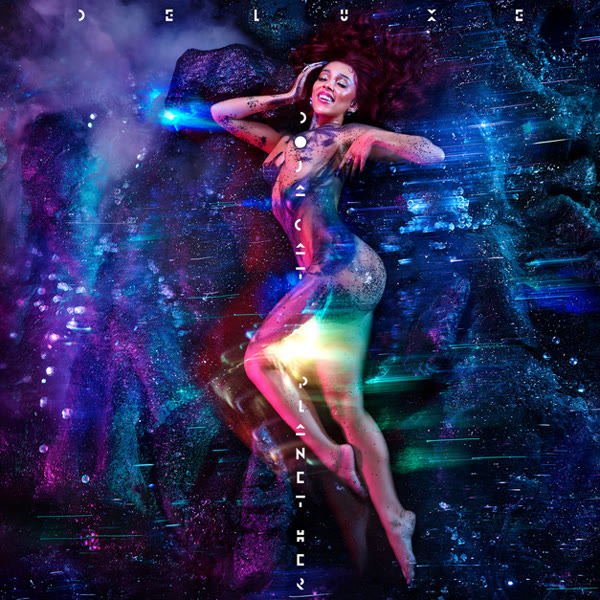 Planet Her deluxe album cover: Doja Cat floating in a cosmic nebula