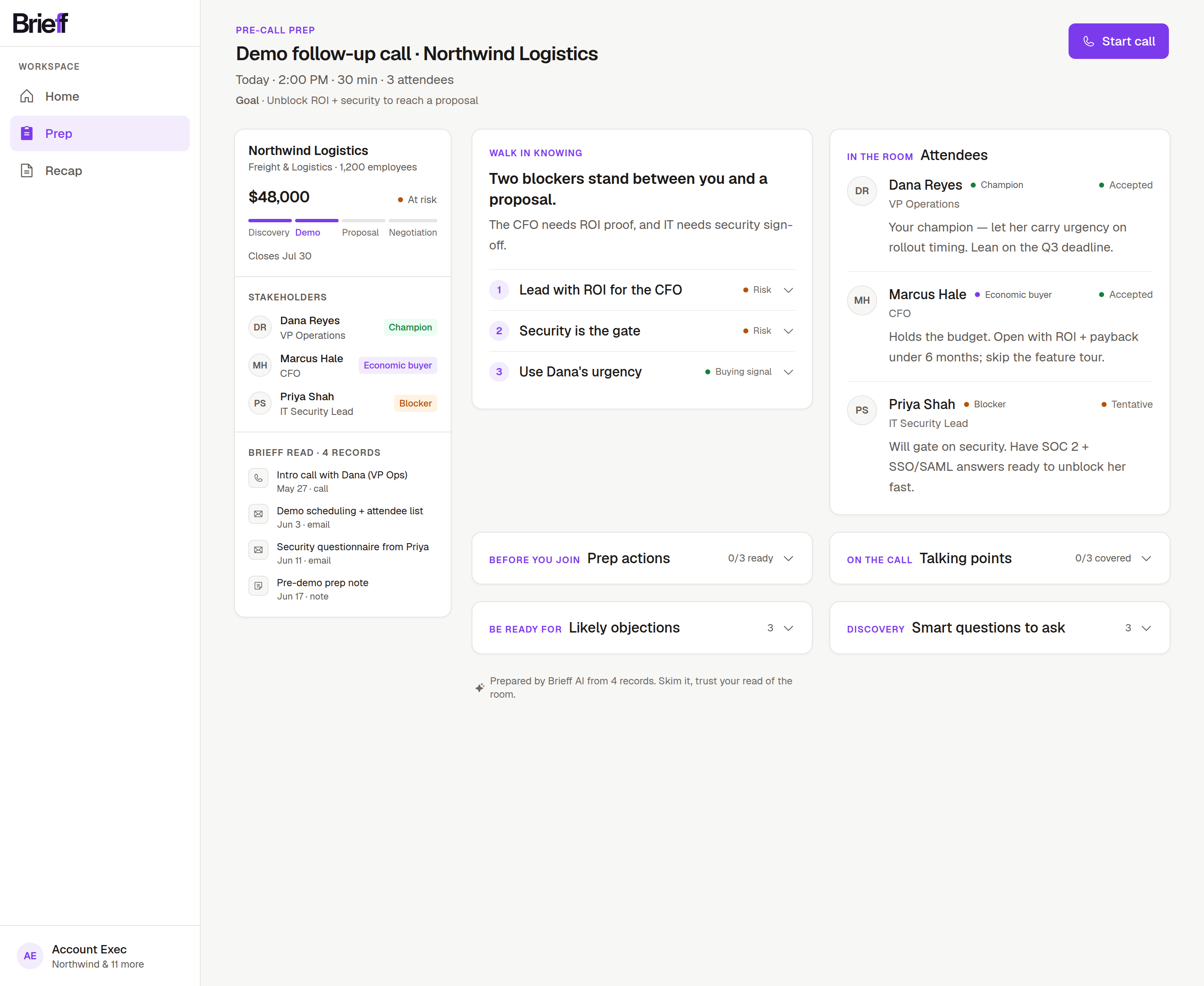 Brieff prep brief: walk-in-knowing insights, attendees, objections, discovery questions