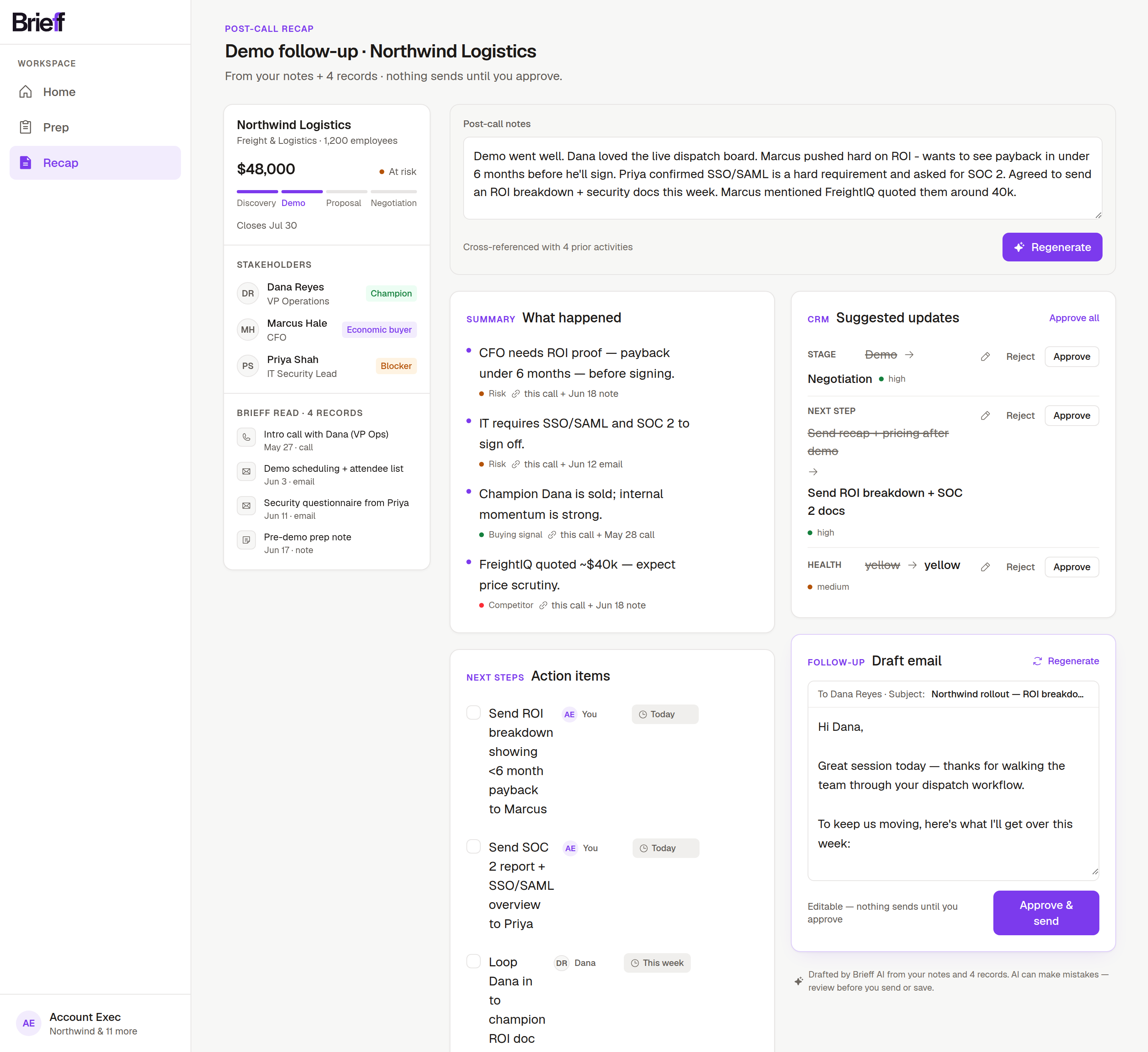 Brieff post-call recap, fully generated: cited summary, action items, CRM diff and drafted follow-up