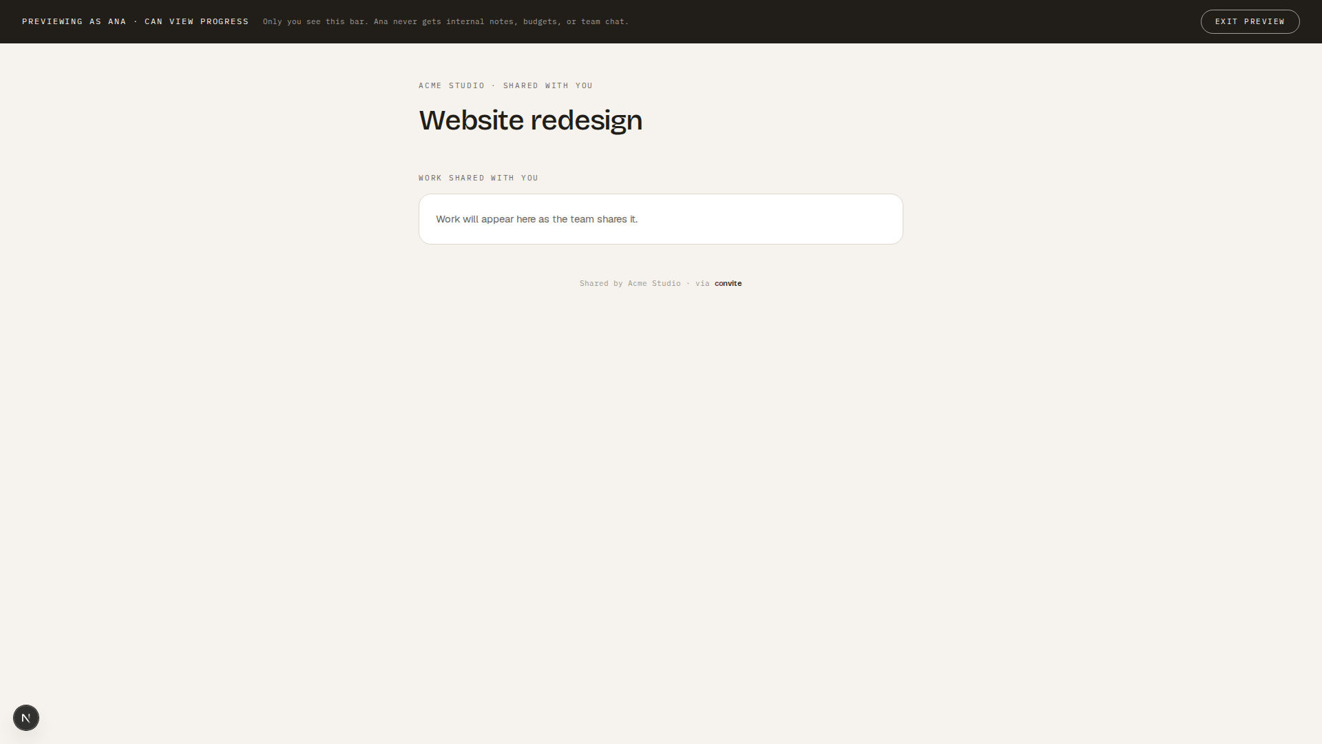 Full-screen preview of the client's view with an ink banner across the top that only the admin sees, confirming the client never gets internal notes, budgets, or team chat