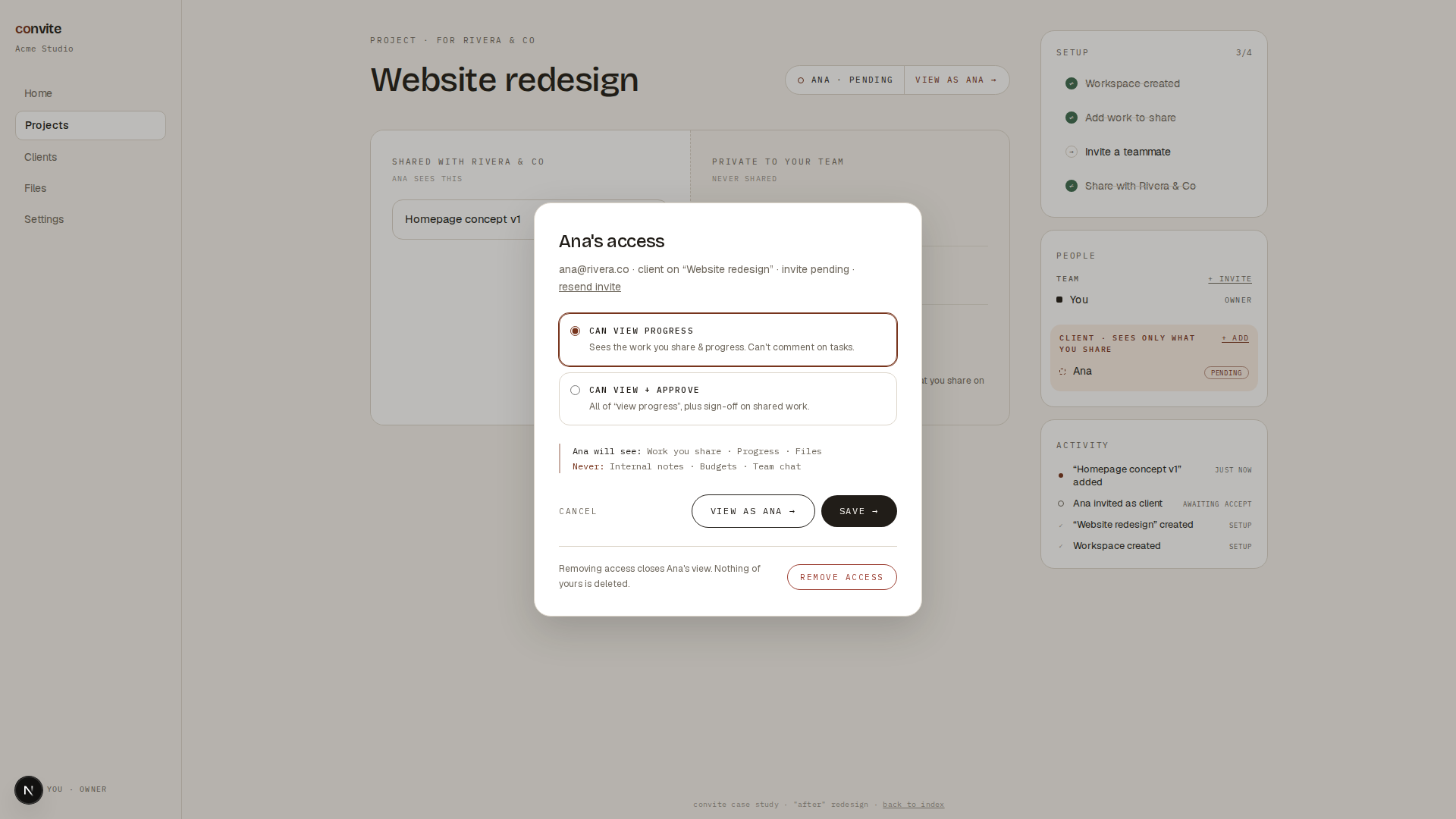 The manage-access modal for a client contact: role radio rows, a live consequence readout, and a calm danger zone below a divider with remove access and its reassurance copy
