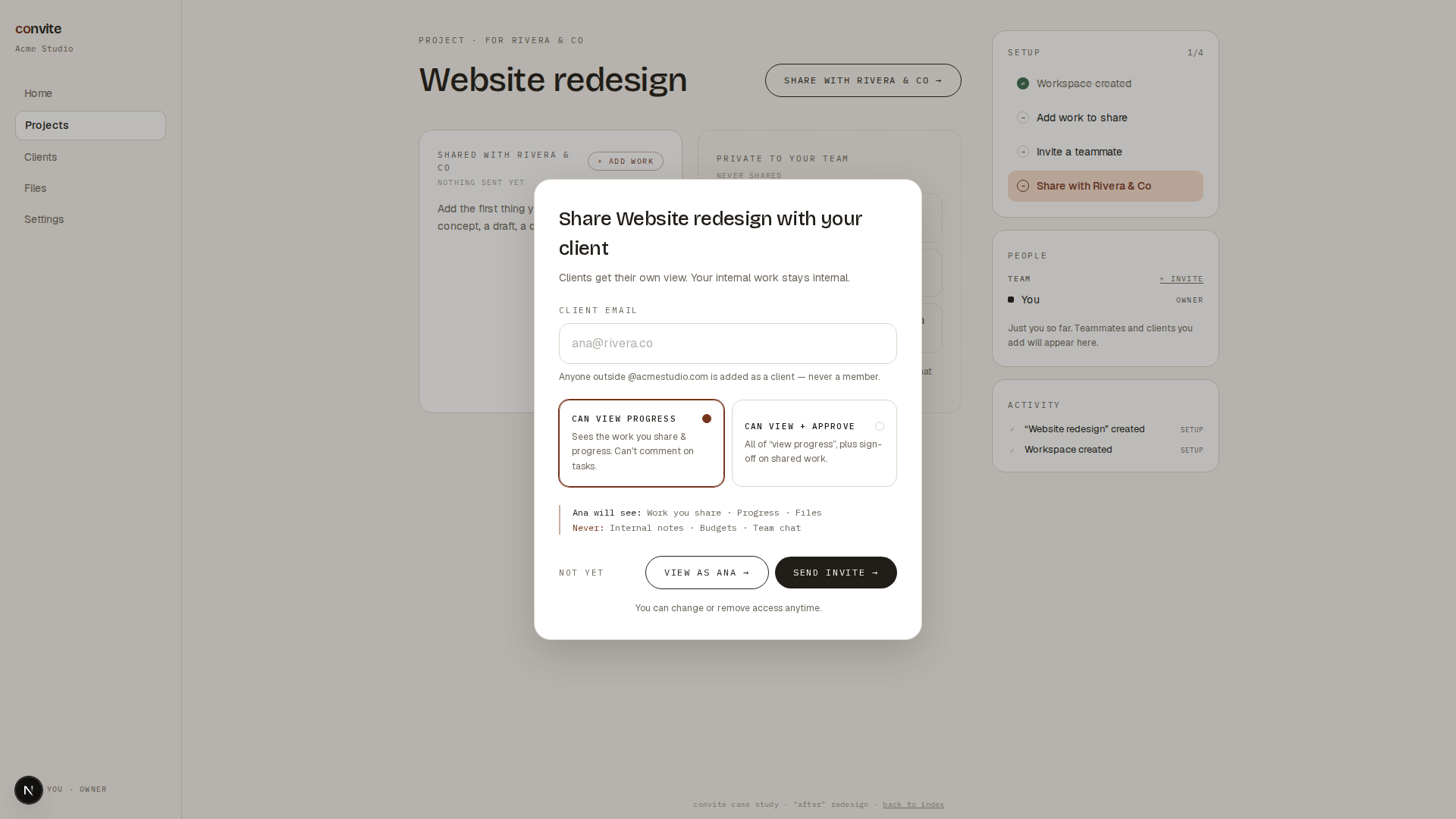 The client-share modal: two verb-phrase role cards with selection dots, and below them a live readout listing what Ana will see and what she never sees