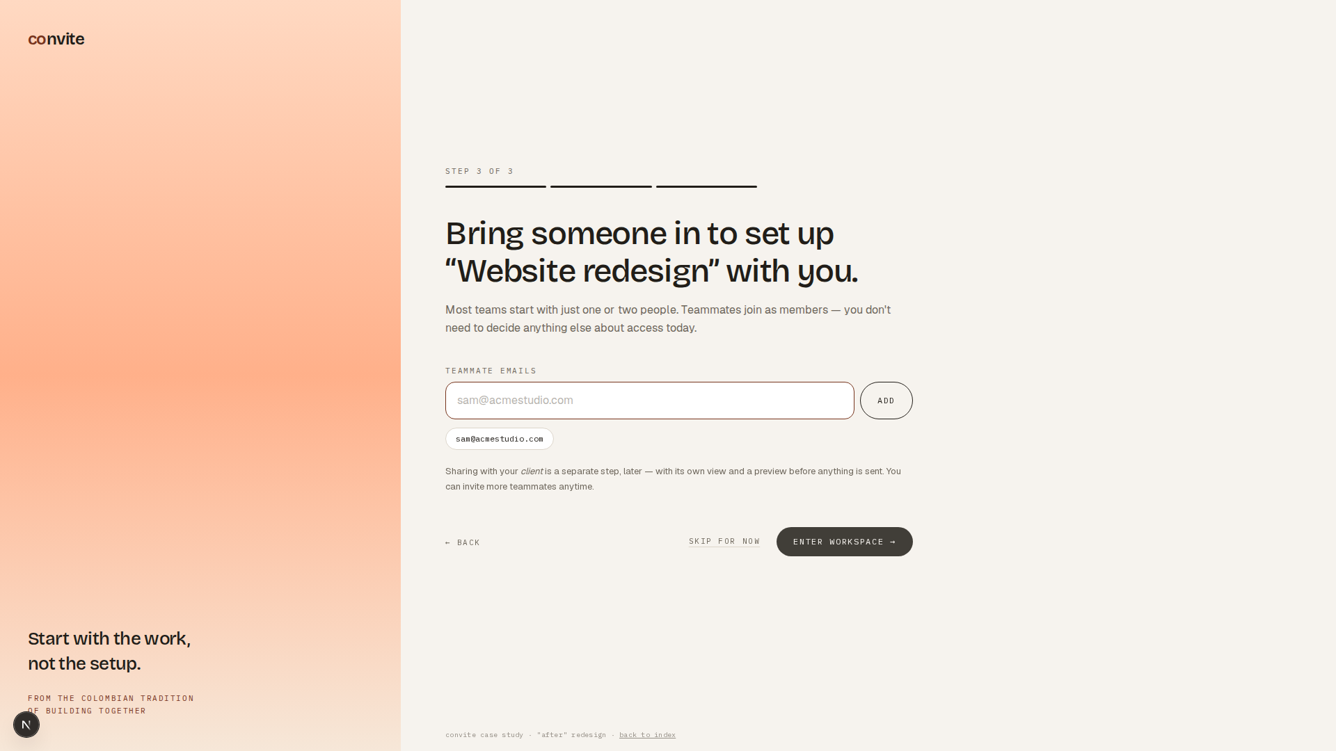 Wizard step three: inviting a teammate directly into the just-created client project, with reassurance copy that client sharing is a separate later step