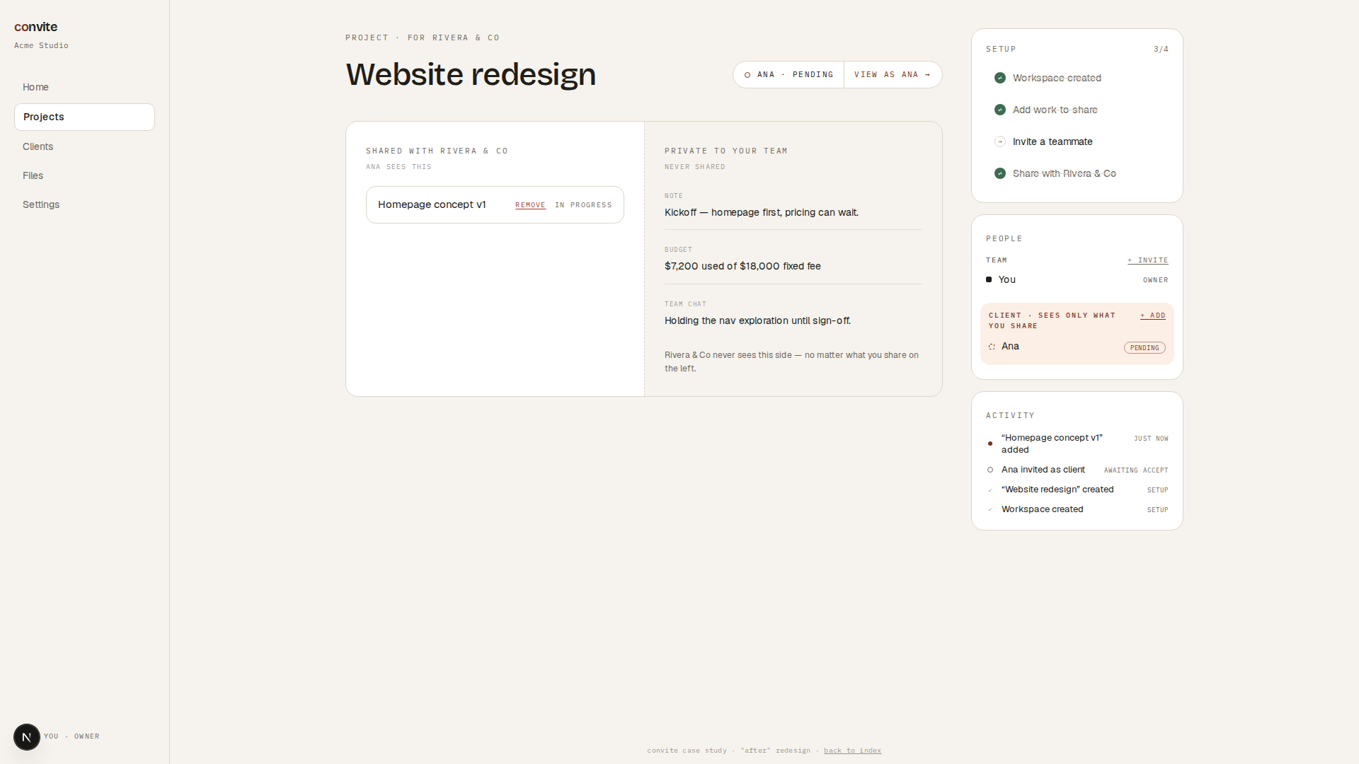 The split workspace panel after sharing: a shared work item sits on the white client side while the parchment private side keeps its note, budget line, and team chatter