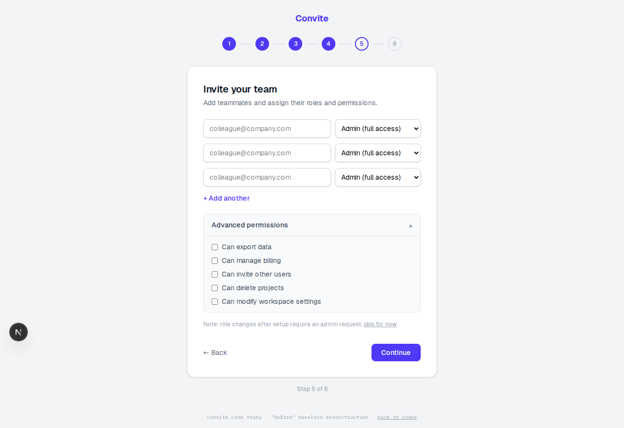 The baseline invite step: a table of email fields with role dropdowns defaulting to Admin and an expanded advanced-permissions section full of access-control jargon checkboxes