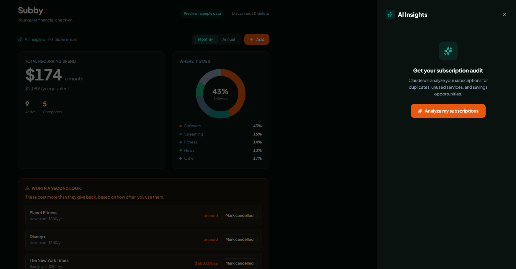 Subby AI Insights panel offering the subscription audit, next to the populated dashboard