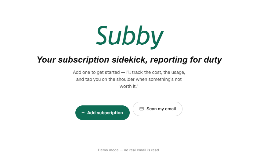 Rejected white version of Subby with a green accent: serif logo, light landing screen